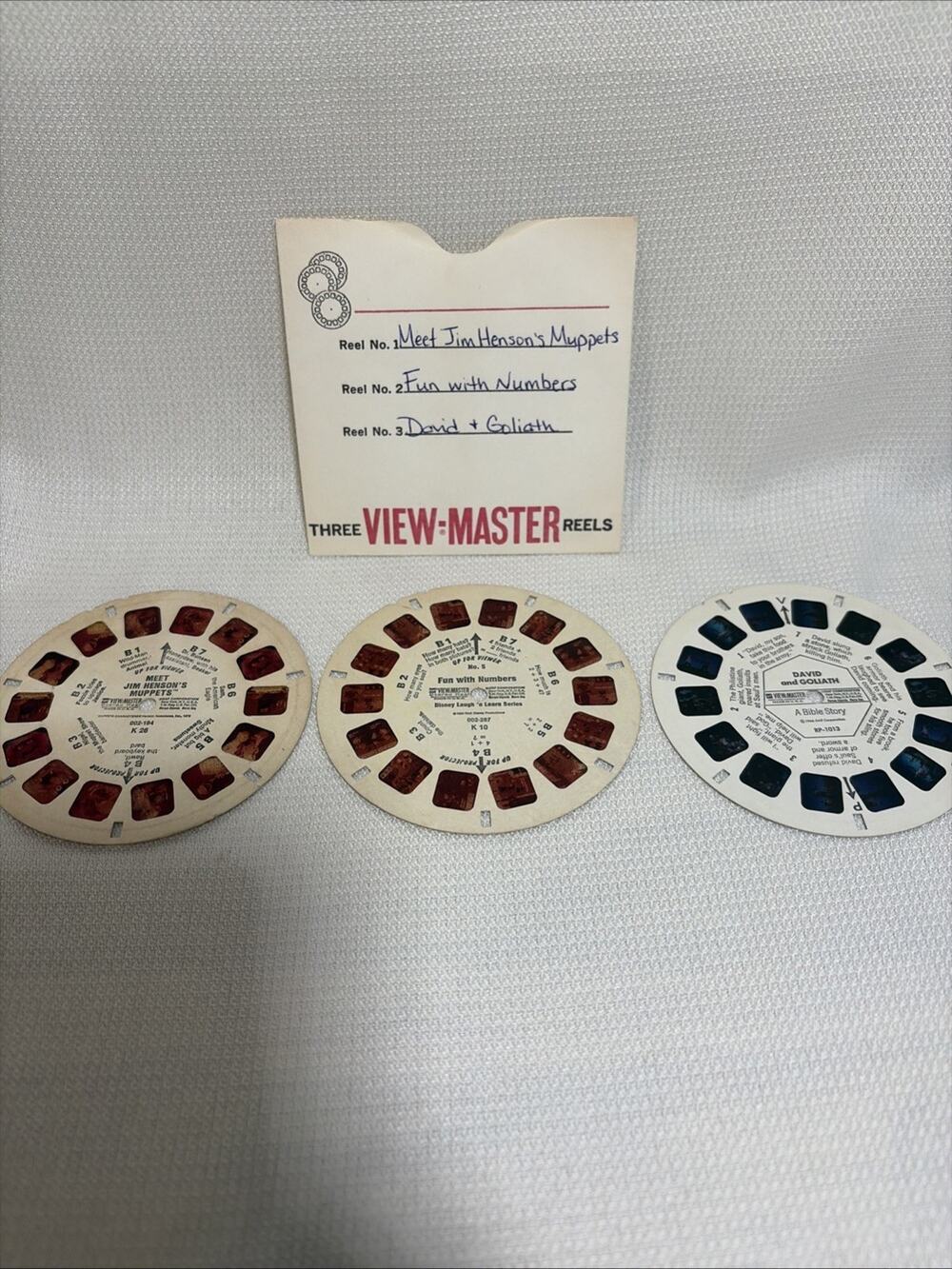 Set A Three Vintage View Master Reels W/sleeve Muppets Numbers David/Goliath